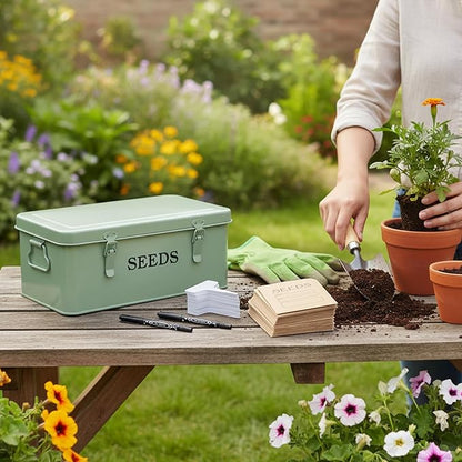 Seed Storage Organizer,Metal Seed Saving Box with Lid and Safety Locks, 4 Compartment Seeds Saver Kit with 2 Pens,20 Plant Labels and 50 Seeds Envelopes, Green Gardening Gift