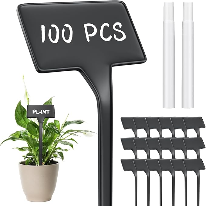 Yinkin 100 Pcs Large Plant Label Signs 11.8 Inch Plant Markers Plastic Garden Label Stakes Waterproof T Type Tags Nursery Garden Signs with Marker Pen for Flower Herb Pot(Black)