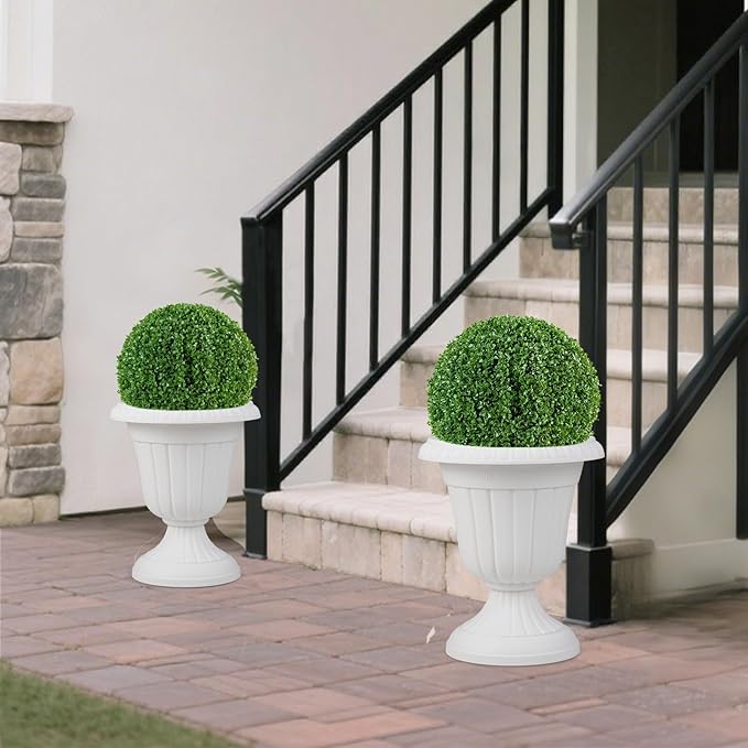 Giantex 18" Tall Vintage Planters Set of 4, Urn Plastic Flower Pots with/Pedestal Base & Pre-Marked Drain Hole, Indoor Outdoor Decorative Plant Containers for Front Porch Home Wedding (White)