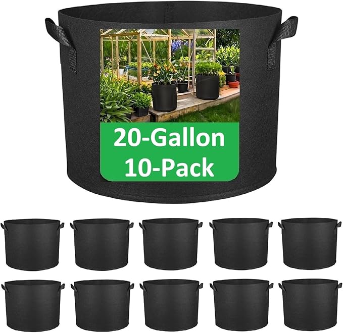 20-Gallon Grow Bags, (10 Pack) Thickened Aeration Fabric Growing Pots Planters with Handles for Planting Vegetables Plants, Black