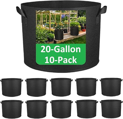 20-Gallon Grow Bags, (10 Pack) Thickened Aeration Fabric Growing Pots Planters with Handles for Planting Vegetables Plants, Black