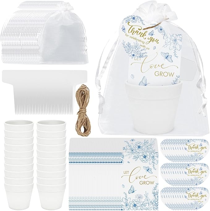 Cinrobiye 50 Sets Let Love Grow Wedding Favors for Guests Seed Packet Bags (Seed Not Include) with Tags & Labels Flowerpot for Bridal Shower Party Favors Bulk Wedding Souvenirs for Guests(Blue Floral)