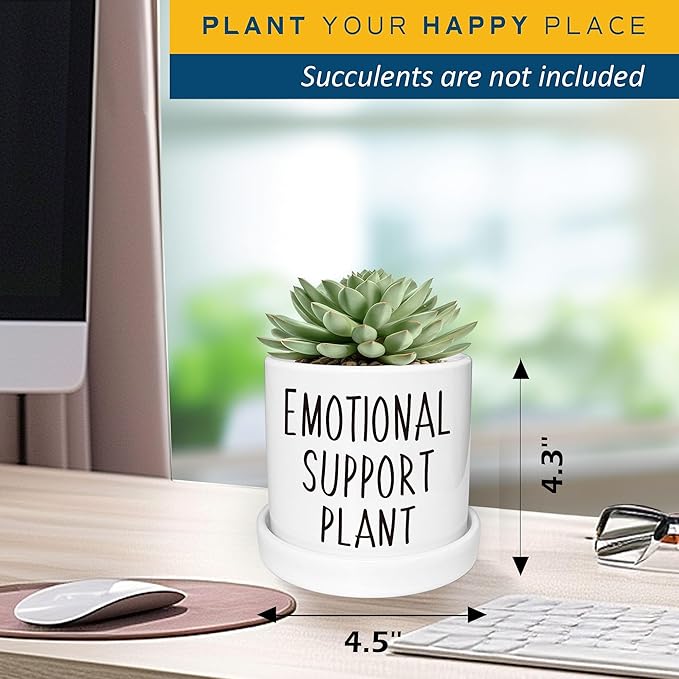 4.3 inch Ceramic Emotional Support Plant Pot, Funny Succulent Pots, Cute Cactus Planters with Drainage Hole, Funny Plant Pot Emotional Support Cactus