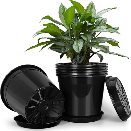 3 Gallon Plastic Pots with Drip Trays, Sturdy Gallon Plant Pots with Drainage Holes, Large Gallon Pots for Flowers, Ideal for Indoor and Outdoor Use (3Gallon-6PACK)