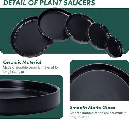 D'vine Dev Modern Round 3.7 Inch Ceramic Plant Pot Saucer, Planter Pot Drainage Tray for Indoor Plants, Matte Black, 97-T-B-1