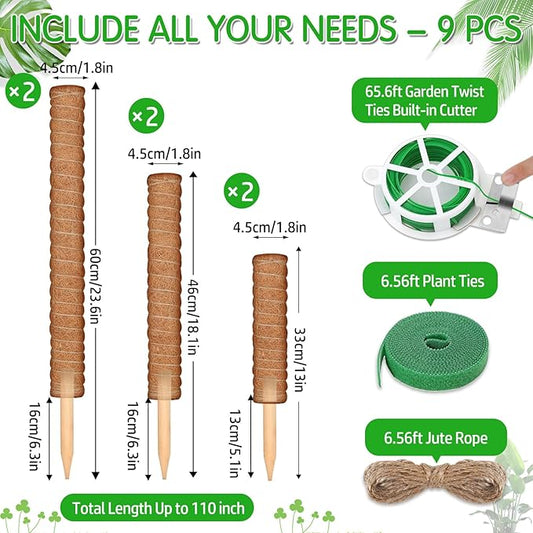102 Inch Moss Pole for Plants Indoor (2*21.7", 2*16.5", 2*12.6") 6Pcs Coco Coir Pole Monstera Plant Support Pole for Plants Climbing with 65.6ft Twist Tie, Plant Tie and Jute Rope for Potted