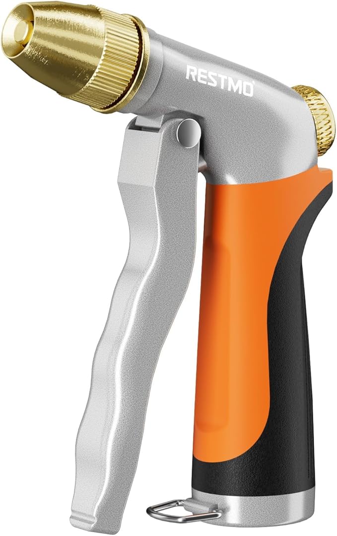 RESTMO Heavy Duty Metal Water Hose Nozzle, High Pressure Garden Hose Nozzle, Hose Sprayer Nozzle with Adjustable Spray Patterns for Garden Watering, Car Washing, Patio and Pet, Orange