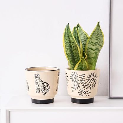 5 Inch Ceramic Planters for Indoor Plants, Funny Small Plant Pots with Drainage, Unique Decorative Cute Flower Pot Panthers Round Flowerpots