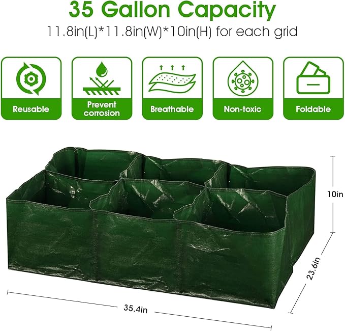 iPower PE Garden Planting Bed 35-Gallon Heavy Duty Plastic Raised Plant Grow Bag with 6 Partition Grids Potato Tomato Rectangle Planter Pots Containers, for Vegetables, Fruits, Flowers, 2 Packs New