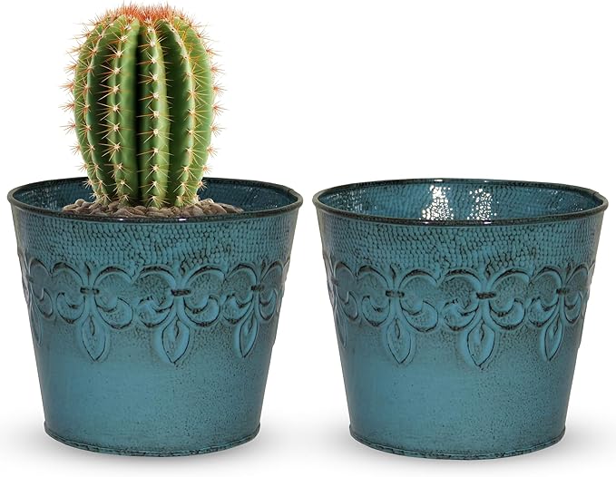 Robert Allen MPT01890 Fluer De Lis Series Metal Planter Flower Pot, 6", Color Surf Blue