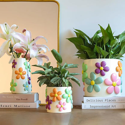 GUGUGO 8 Inch Pastel Flowers Planters, Cute Unique Rainbow Planter with Drainage, Colorful Vintage Retro Flower Plant pots for Indoor & Outdoor Plants, Eclectic Funny Room Decor Aesthetic
