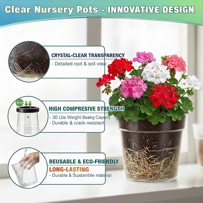 4/5/6/7 Inch Clear Nursery Pots with Drainage, 12 Pack Thick Reusable Planters, High Transparency, Weather-Resistant and Degradable Material, Ideal for Gardening Enthusiasts