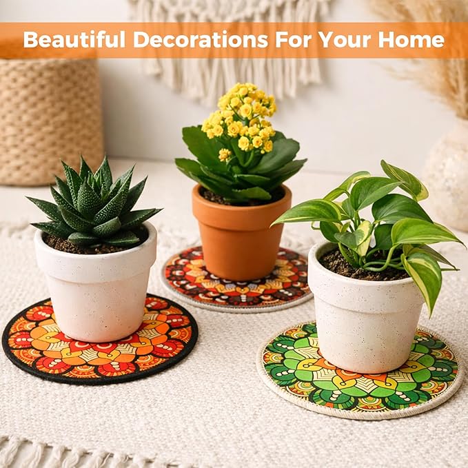 6 Pieces 7.87“ Boho Round Rubber Plant Coasters Absorbent Fabric Mats, No Smell,Non Slip Protects Surfaces, Fast Drying, for Indoor & Outdoor Plants or Pots.