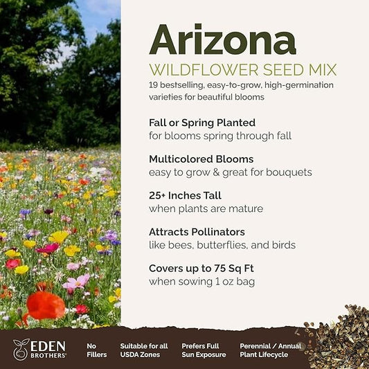 Eden Brothers Arizona Wildflower Mixed Seeds for Planting, 1 oz, 30,000+ Seeds with Yarrow, Cosmos, Indian Blanket | Attracts Pollinators, Plant in Spring or Fall, Zones