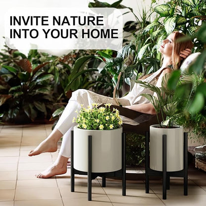 MUDEELA Plant Stand for Indoor Plants: Adjustable Width Fits 8-12 Inch Pots - Mid-century Modern Bamboo Plant Stand - 14.5 Inch Single Tier Small Floor Plant Holder, Black, 2 Pack (Without Pot)