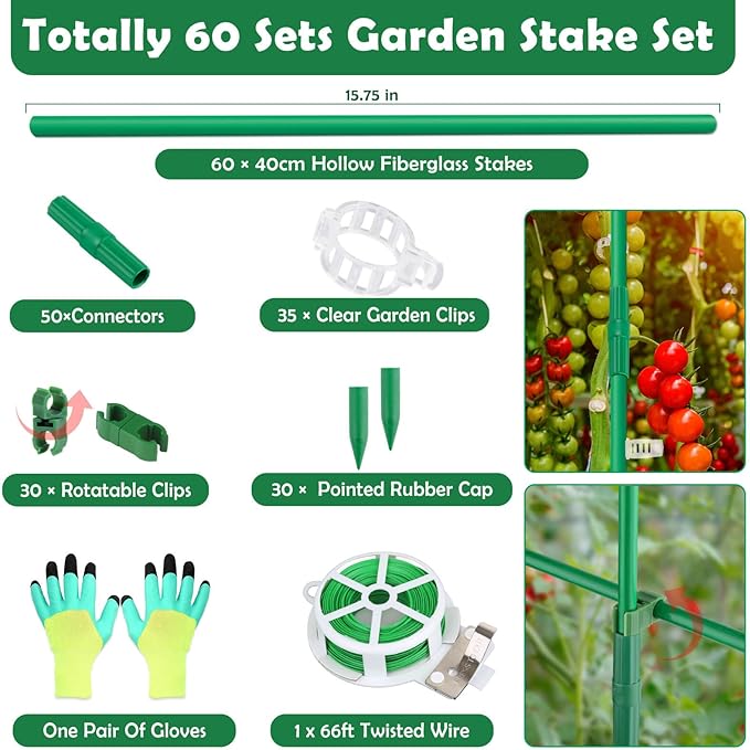 Cludoo 208PCS Garden Stakes Set with 60 Sets Fiberglass Plant Stakes Sticks Supports and Accessories, DIY 4ft 5ft 6ft 7ft Tomato Stakes for Tomato,Vegetables, Pepper, Fences Indoor Outdoor Plants
