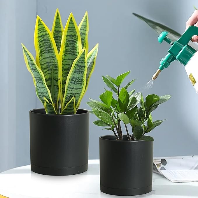 10/8/6 inch Large Deep Plant Pots for Outdoor Indoor Plants, 3 Pack Tall Cylinder Flower Pots with Drainage Holes and Saucers, Big Plastic Planter Pots for Garden House Porch, Black