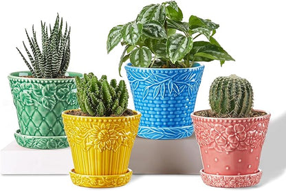 Succulent Ceramic Pots, 3.8 Inch Small Plant Pots with Drainage Hole & Saucer, Flower Planter Pot for House Plants Cacti, Home Decor, Set of 4, Assorted Colors