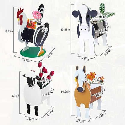 Pet Flower Pots 4 Pcs Farm Animals Series Rooster/Horse/Cow/Sheep Cute Animal Shape Flower Planters, Plant Pots for Indoor/Outdoor Garden Decor, Unique Gifts/Souvenirs for Pet Lovers