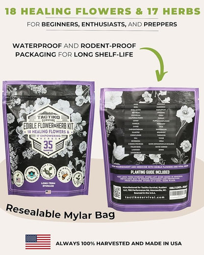 35 Tactiko Edible Flower & Herb Seeds Kit Variety - USA Grown Heirloom Non-GMO Open-Pollinated Seeds for Planting - Indoor Outdoor Gardening - Survival Long-Term Storage - Resealable Mylar Bag