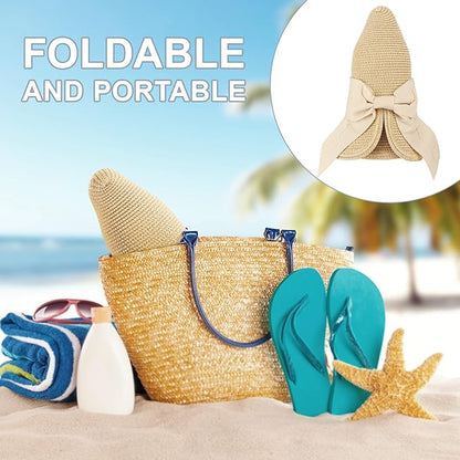 DRESHOW Sun Hats for Women Travel Fedora Foldable Beach Sun Hat Summer Wide Brim Straw Bucket Hat with Bowknot UPF 50+