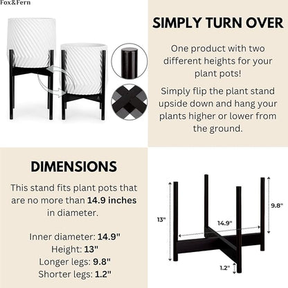 Fox & Fern Bamboo Plant Stand — 14.9 Inch Fixed Size Wooden Mid Century Planter Stand for Indoor Planters (Not Included); Extra Large Flower Pot Holder for Indoor Big Pots; Plug In Design; Dark Bamboo