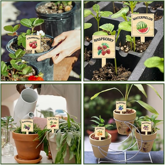 arricraft 15 Pcs Wooden Plant Labels, Fruit Themed Waterproof Garden Stake Labels T-Shaped Plant Marker with Fruit Names for Indoor Outdoor Potted Plants Nursery Marker Decoration