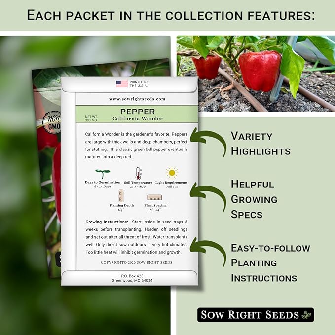 Sow Right Seeds - Sweet Bell Pepper Seed Collection for Planting a Home Garden - Cal Wonder, Emerald Giant, Midnight Dreams, Purple Beauty, Sunbright, White Cloud - Non-GMO Heirloom Variety Pack