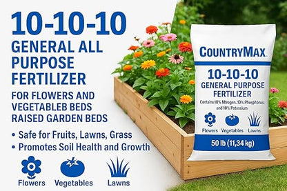 10-10-10 General All Purpose Fertilizer for Flowers and Vegetable Beds - Raised Garden Beds - Safe for Fruits, Lawns, Grass - Promotes Soil Heath and Growth - 50 Pound Bag