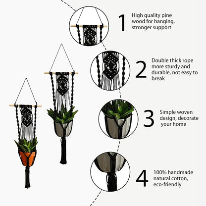 Artilady Black Plant Hanger Macrame Hanging Planter for Indoor Boho Plants Holder with Hooks Hanging Plant Basket Outdoor Window Wall Plants Home Decor (Black Wood Hanger-2pcs)