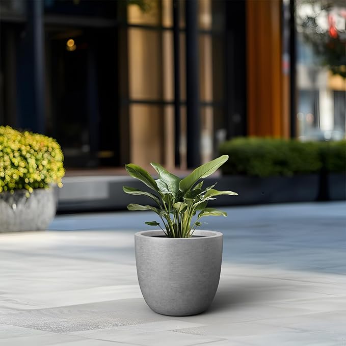 Kante Round Concrete Planter, Large Outdoor Indoor Garden Pots with Drainage Hole, 14-Inch Diameter Flower Pots for Patio, Garden and Home, Gray