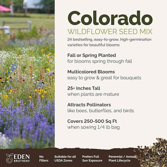 Eden Brothers Colorado Wildflower Mixed Seeds for Planting, 1/4 lb, 120,000+ Seeds with Cornflower, Lupine | Attracts Pollinators, Plant in Spring or Fall, Zones