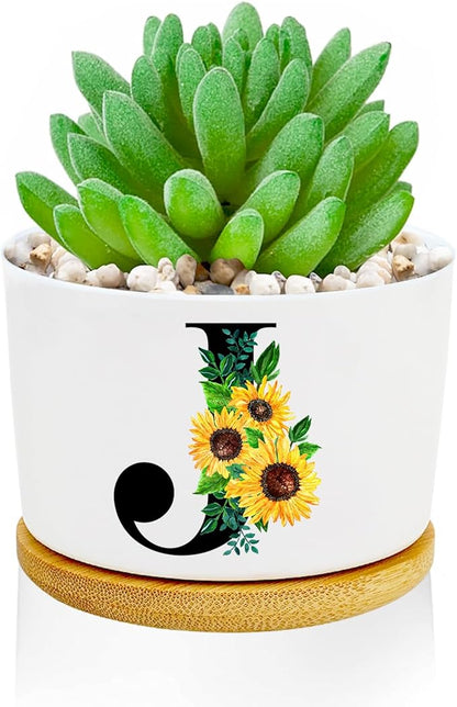 Sunflower Succulent Plant Pots 3 Inch Ceramic Cactus Flower Pots Personalized Initials J Sunflower Gifts for Women Mom Sister,Birthday Housewarming,Wedding,Window Garden Desk Decor