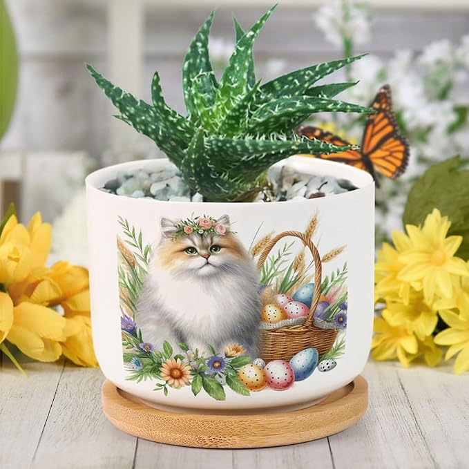 DreamAutumn Watercolor Easter Cat Ceramic Flower Pots,Gardening Plant Pot with Drainage Holes and Saucers Round Ceramic Pots for Indoor Plants Succulent Herbs Cactus Pots for Dad Papa Grandpa