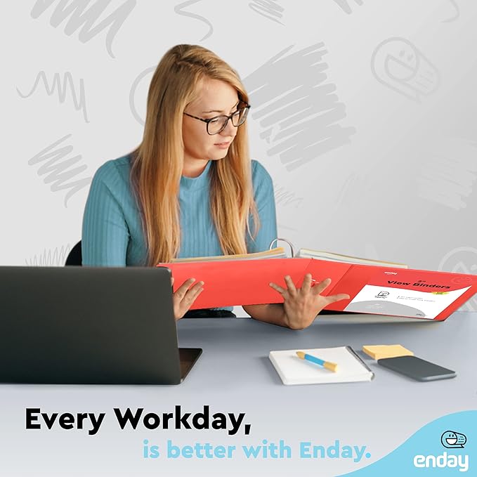 2 Inch 3 Ring Binder 2” Red, Slant D-Ring 2 in Binder Clear View Cover with 2 Inside Pockets, Heavy Duty Colored School Supplies Office and Home Binders – by Enday