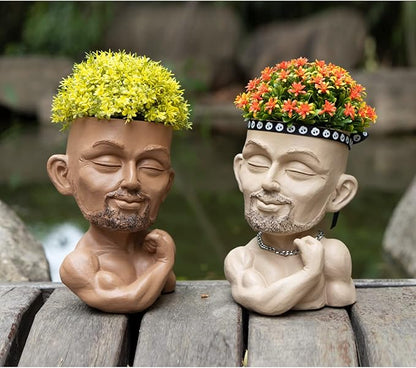Unique Plant Pots Face Planters, Funny Plant Pots Head Planter, Men Face Planters Pots Head, Beefcake Face Vase with Drainage Hole (Khaki)