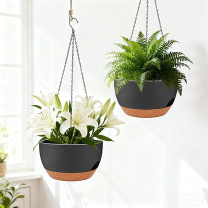 Set of 2-8 Inch Self Watering Hanging Planters for Indoor Outdoor，Hanging Plant Pots with Drainage & Removable Tray, Hanging Pots Holder for Ivy, Pothos, Ferns, Balcony & Patio, Black Brown