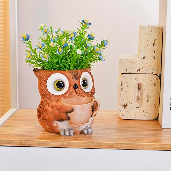 Unique Owl Plant Pots Indoor, Cute Small Succulent Pots with Drainage Hole, Watering Owl Planters for Indoor Outdoor Plants, Resin Flower Pot for String of Pearls, Gift Ideas for Mother