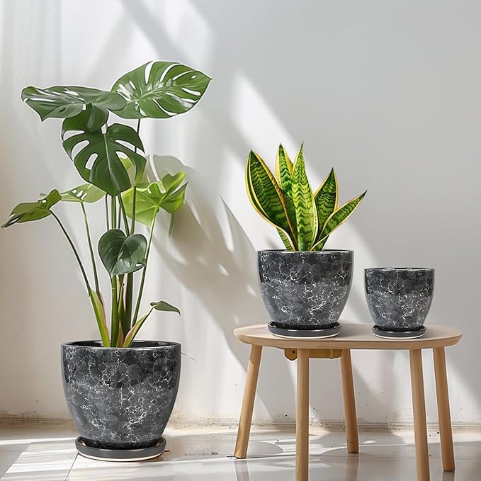 Ceramic Pots for Plants - 10+8+6 Inch Modern Flower Pot for Indoor Outdoor, Round Planters with Drainage Holes and Trays, Office Garden Living Room Decor, Housewarming Gifts, Set of 3, Grey
