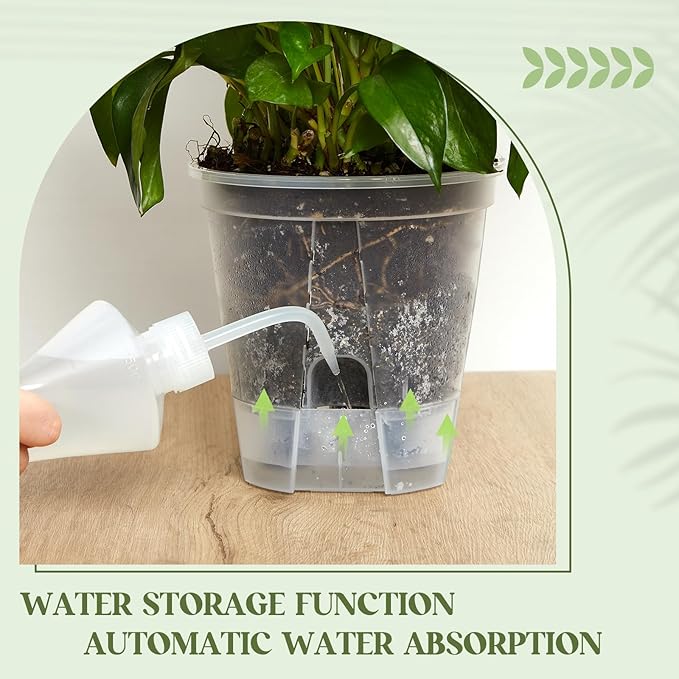 Self Watering Pots for Indoor Plants with Deep Reservoir and High Drainage Holes for Outdoor Plants and Flowers, Bare Root Planter(4.72'', 5.91'', 7.09'',Clear,6 Pcs)