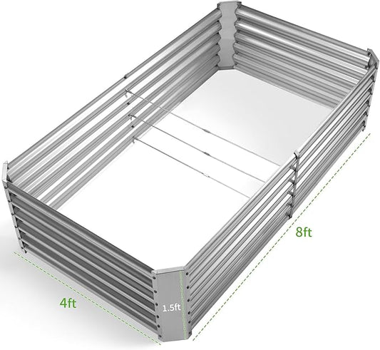 Land Guard Metal Raised Garden Bed for Gardening, 8x4x1.5ft Galvanized Raised Garden Bed, Planter Boxes Outdoor for Vegetables, Fruits and Flowers (Silver)
