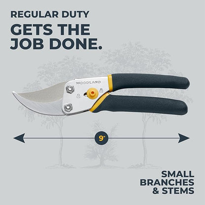 Woodland Tools Co. Bypass Pruning Shears for Gardening – 5/8" Cut Capacity, High Carbon Steel Blade with Non-Stick Coating, Soft Grip, Steel Handle, Hand Pruner for Plants, Flowers, and Shrubs