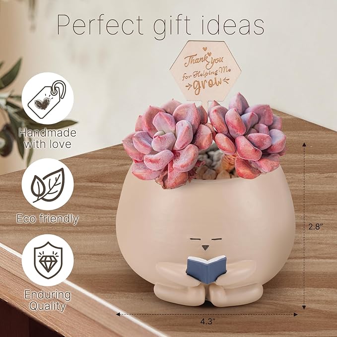 Bookworm Planter Pot - Cute Plant Pots for Succulents with Thank You Sign & Card, Small Reading Planter for Indoor Outdoor Decor, Succulent Gifts for Book Lovers, Teacher Dad Mom Appreciation