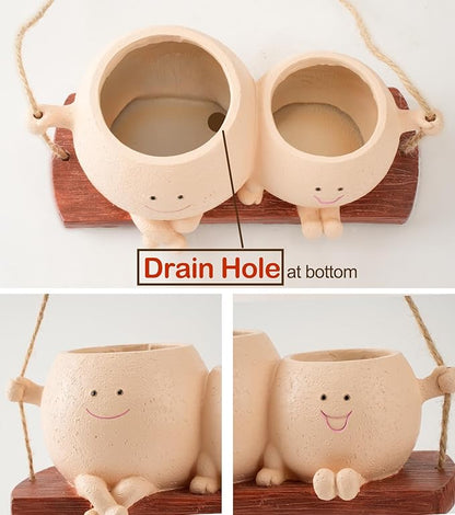 Cute Couple Swing Planter with Smiley Face,Couple Planter,Hanging Swing face Pot,Hanging Plant Pot for Indoor Outdoor Plants, (Khaki)