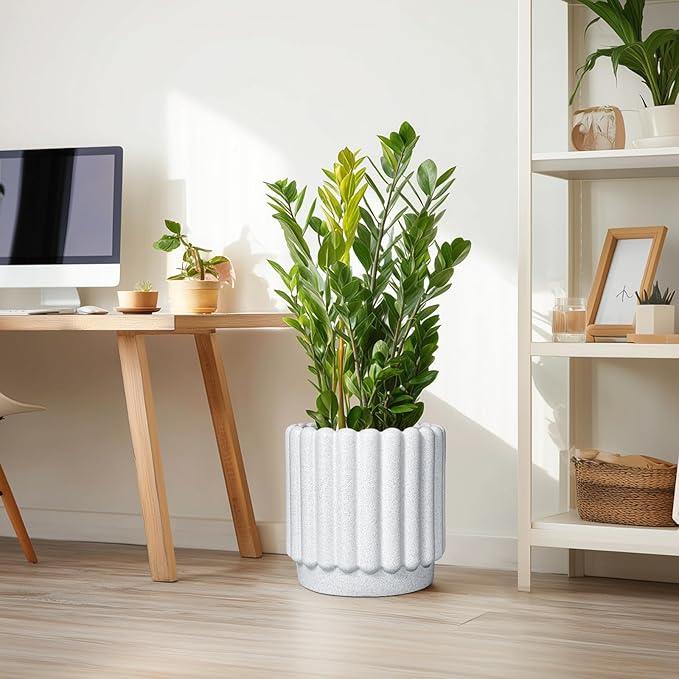 Ceramic Flower Pots - 12 Inch Plant Pot Indoor Outdoor, Fluted Large Ceramic Planters with Drainage Hole, Modern Round Planters, Apartment Decor, Plant Lover Gifts, White