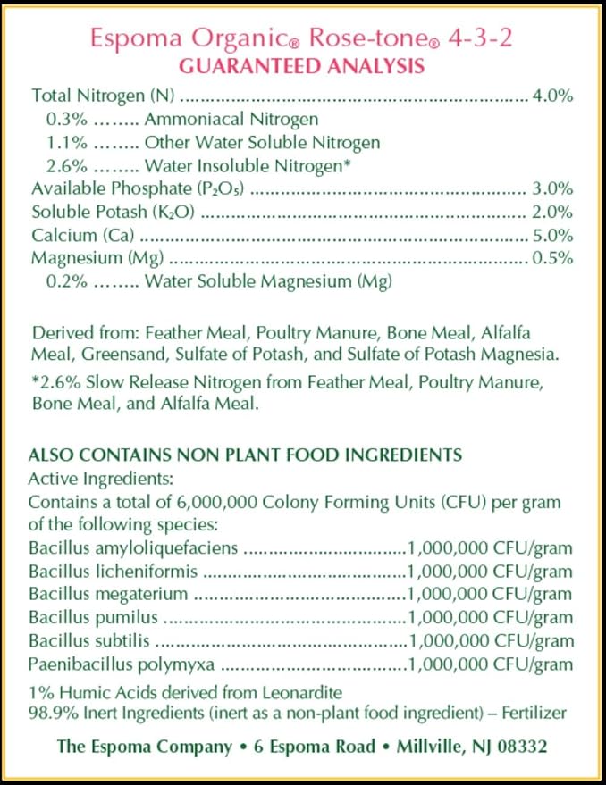 Espoma Organic Rose-Tone 4-3-2 Organic Fertilizer for All Types of Roses and Other Flowering Plants. Promotes Vigorous Green Growth and Abundant Blooms. 4 lb. Bag - Pack of 2