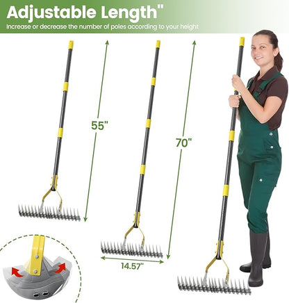 Thatch Rake, 70 inch Heavy Duty Dethatcher Rake Adjustable Dethatching for Loosening Soil Gathering for Leaves Leveling Lawn Farming Land Cleaning Dead Grass Yard Garden