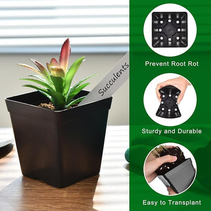 June Fox 60 Pcs Square Nursery Pots for Plants, 5 Pcs Seed Starter Tray Kit, 3.3 Inch Small Seedling Pots with Drain Holes, 60 Plant Labels (Black)
