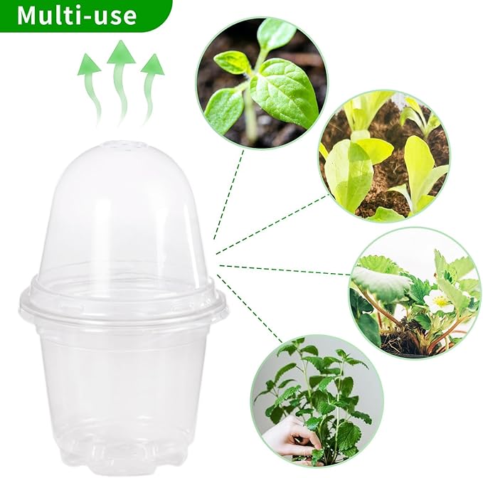 JOPY 4 Inch Plastic Nursery Pots with Humidity Dome for Plants Clear Seed Starter Pots Seedlings Planting Pots for Garden Indoor and Outdoor Small Planter Containers with Drainage Holes (10 Pack)