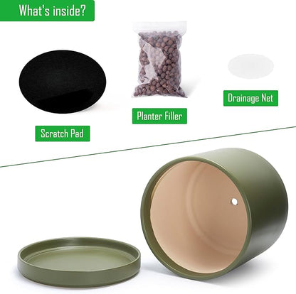 D'vine Dev 16 Inch Ceramic Planter Pot with Drainage Hole and Saucer, Indoor Cylinder Round Planter Pot, Olive, 94-O-H-J